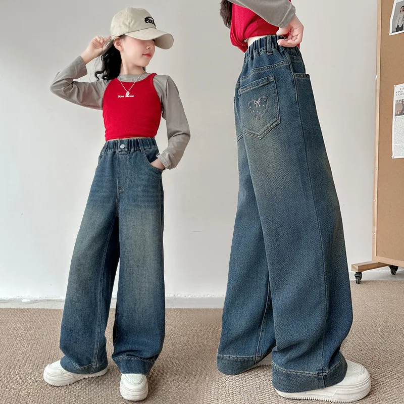 

Мешковатые джинсы для девочек-подростков в уличном стиле с боковыми полосками, школьные детские модные широкие джинсовые брюки, детские повседневные брюки