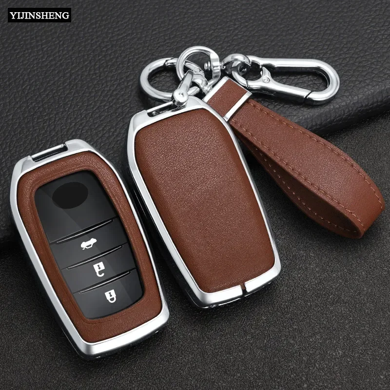 Zinc Alloy + Leather Car Key Case Full Cover for Toyota CHR Hilux Fortuner Land Cruiser 200 Camry Corolla Crown RAV4 Highland