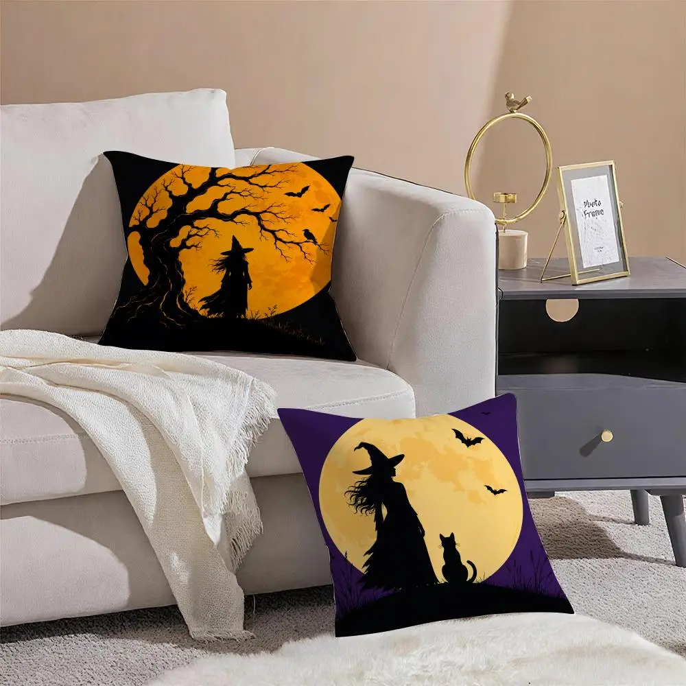 Hallowee Witch Silhouette Full Moon Cushion Cover Pillowcase Short Plush Invisible zipper Room Sofa Cushion Cover