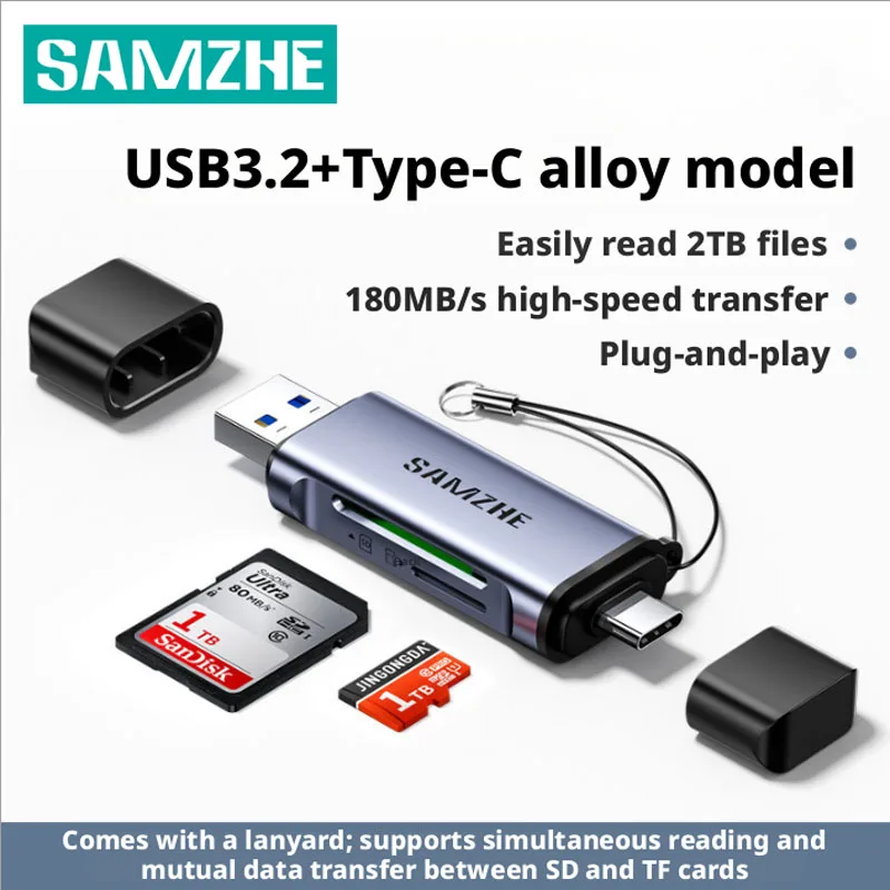 

SAMZHE Card Reader High-speed USB 3.2 Dual-Slot USB-A Type-C Memory Card Reader SD Card Reader and MicroSD TF Card Reader