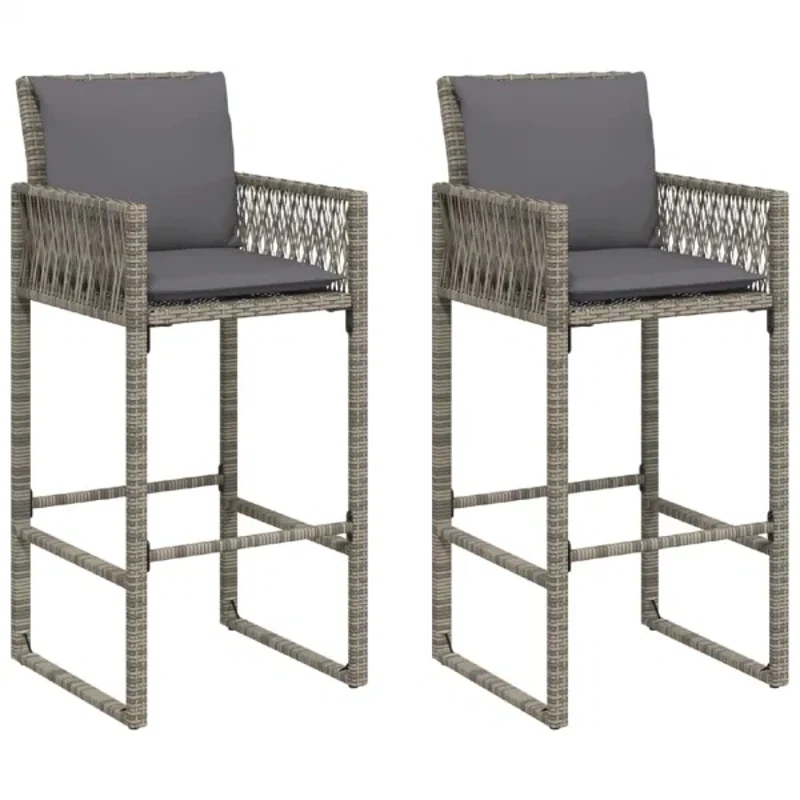 2 PCS Bar Stools High Bar Chairs with Soft Cushion Gray Poly Rattan Sturdy and Durable Casual Rattan Chairs for Bar Bar Counter