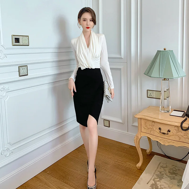 Fall 2022 Ladies Office Wrap Patchwork Sheath Midi Dress Spring High End Women V Neck Bodycon Dress Elegant Women's Vestidos