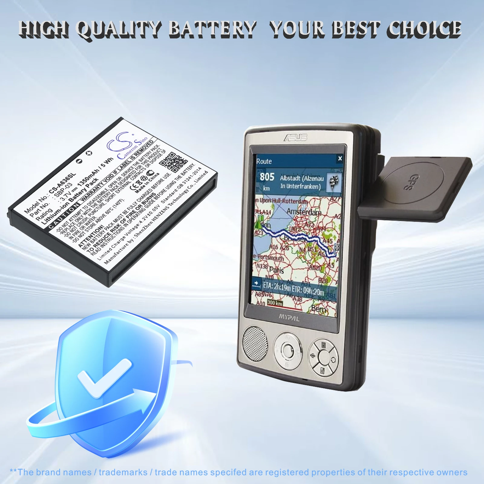 Сменный аккумулятор CS для Asus Mypal A630, Mypal A632, Mypal A632N, Mypal A635, Mypal A636, Mypal A636N, артикул: SBP-03, 1350 мАч / 5 Вт·ч