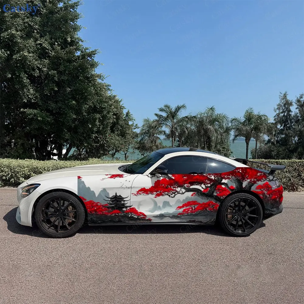 2pcs Landscape Full Moon Red Plum Car Side Wraps, Self-Adhesive PVC Waterproof & Scratch-Resistant Stickers, Car Accessory Gift