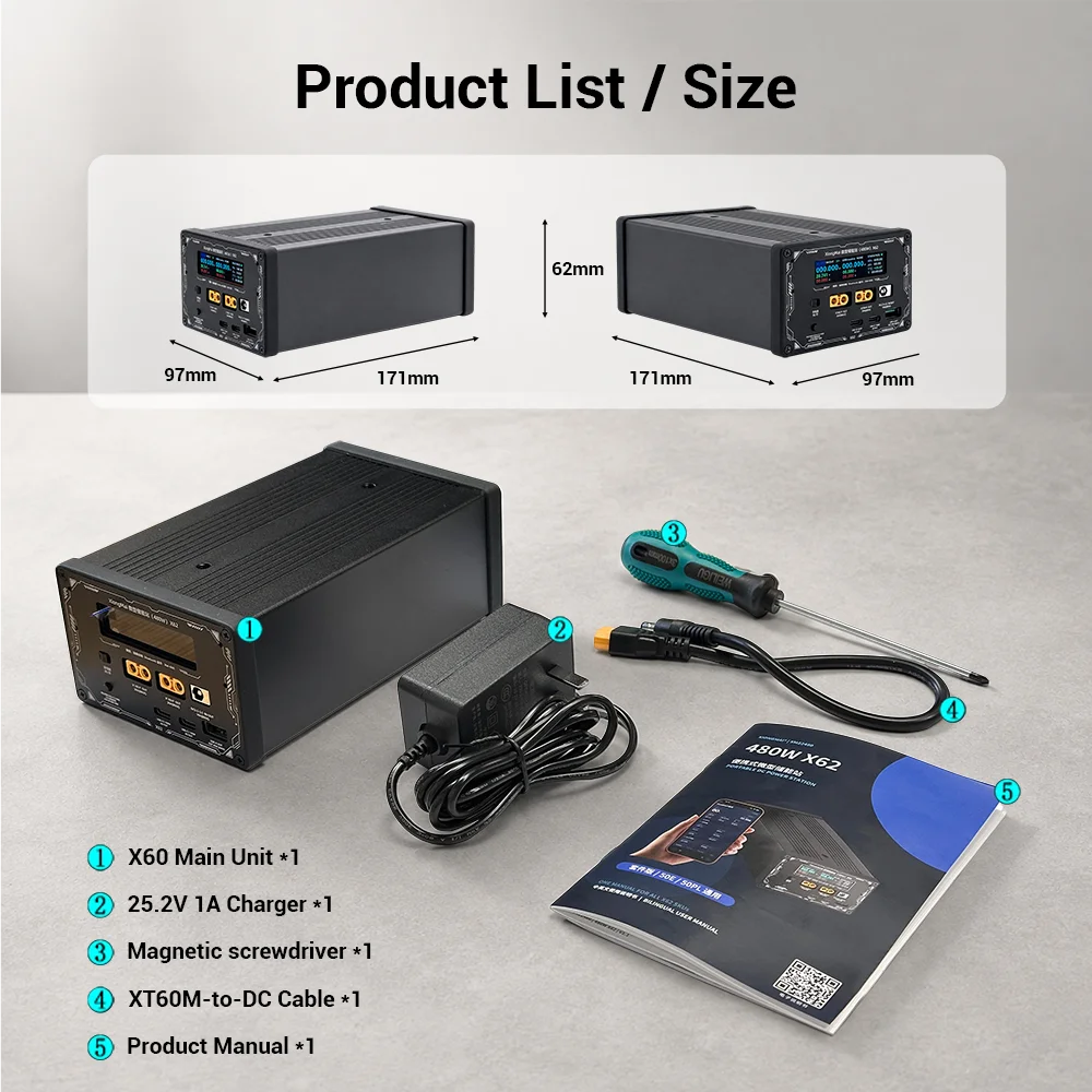 480W Mini Portable Power Station DIY Kit 6S2P 12*21700  Battery Box XT60 100W USB‑C PD TFT Screen App Energy Storage Power Bank