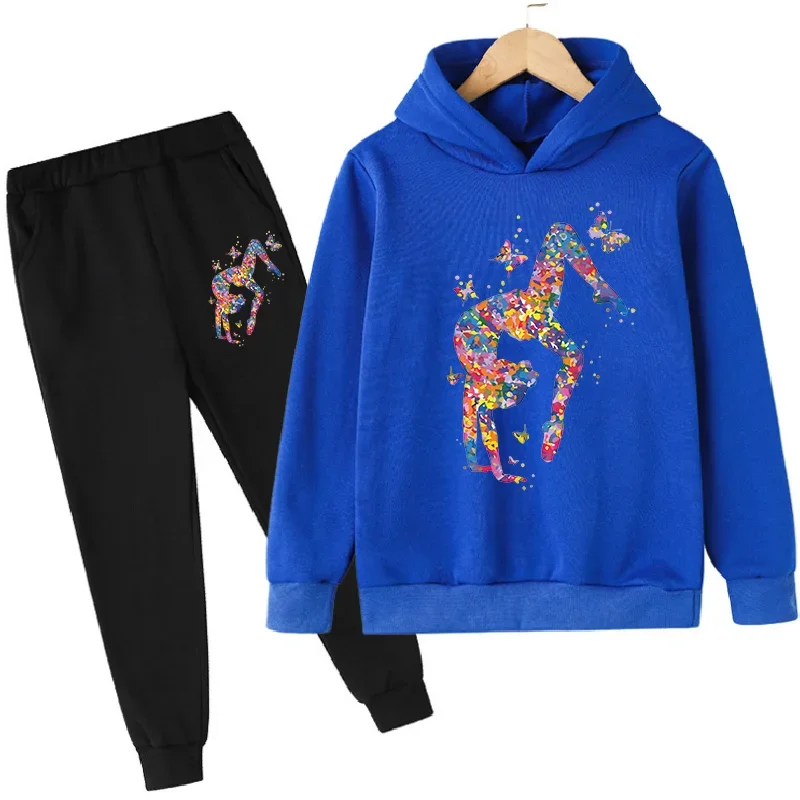 Watercolor Gymnastics Art Print Cute Sweatshirts Set Girls GYM Lover Birthday Gift Clothes Kids Hooodie Pants + Hoodie SET Blue