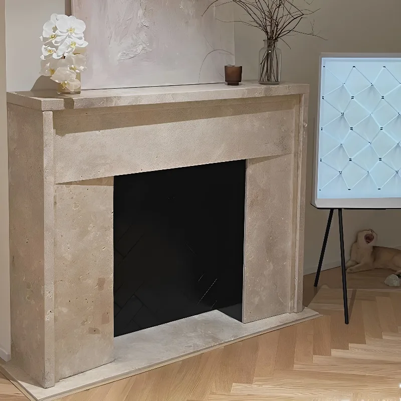 Marble fireplace French retro living room American modern simple natural white cave stone fireplace rack decorative cabinet
