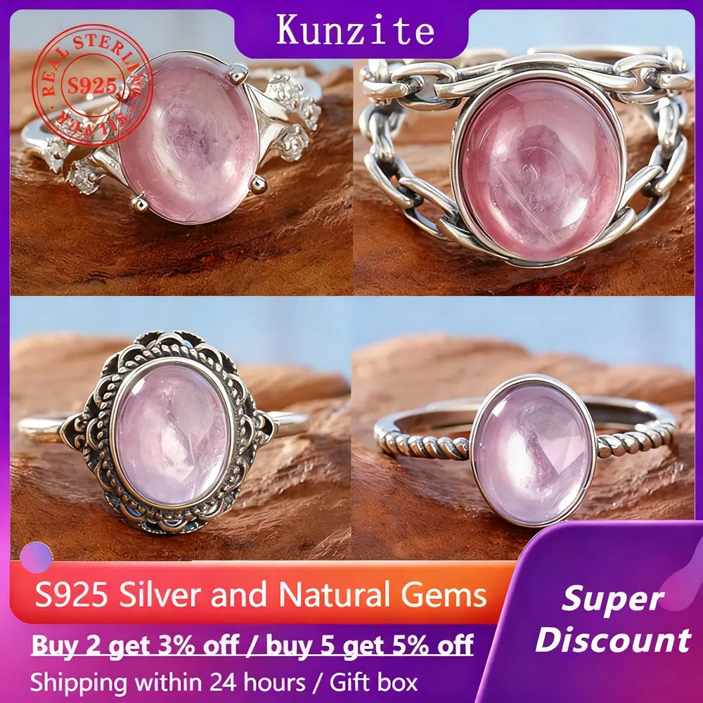 

Retro 925 sterling silver ring for women, with natural Kunzite pink gemstones, exquisite elegant wedding crystal jewelry Gift