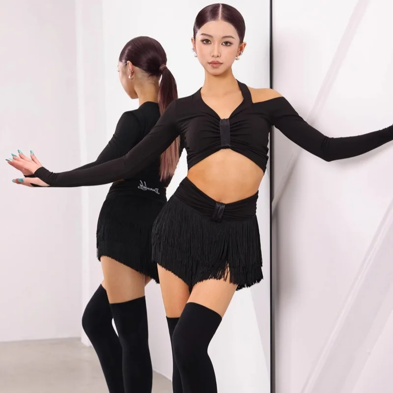 

Latin dance performance costume women's sexy V-neck long sleeved top+tassel short skirt 2pcs tango chacha samba practice set