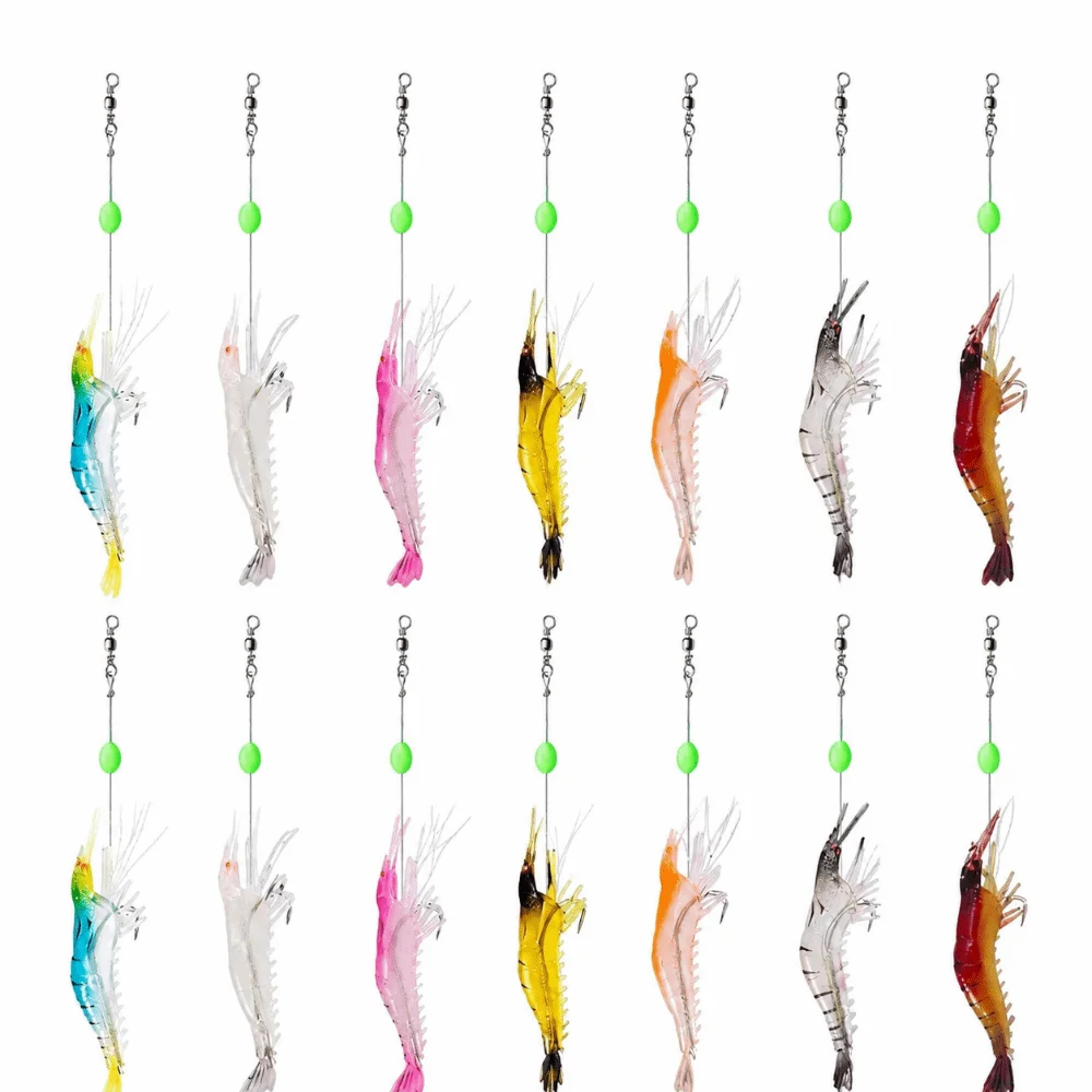 

14PCS Silicone Shrimp Lure Bait with Sharp Hooks with Glow Beads Shrimp Bait Soft 7 Colors Artificial Shrimp Lure Bait
