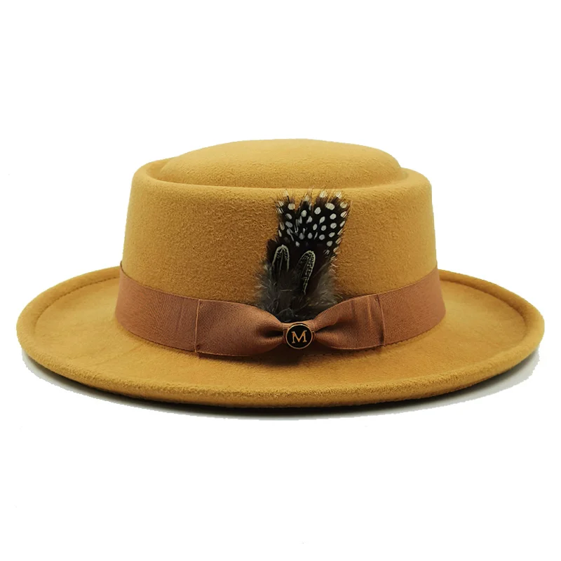 Vintage Pork Pie Hat Men feather fedora hat Webbing Decorative flip-brim Felt hats Panama Gentlemen women Church Jazz Hat