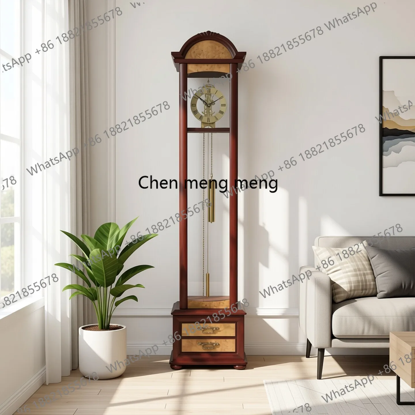 Solid wood mechanical winding floor clock perspective movement seat clock living room swing clock simple modern  Chinese style