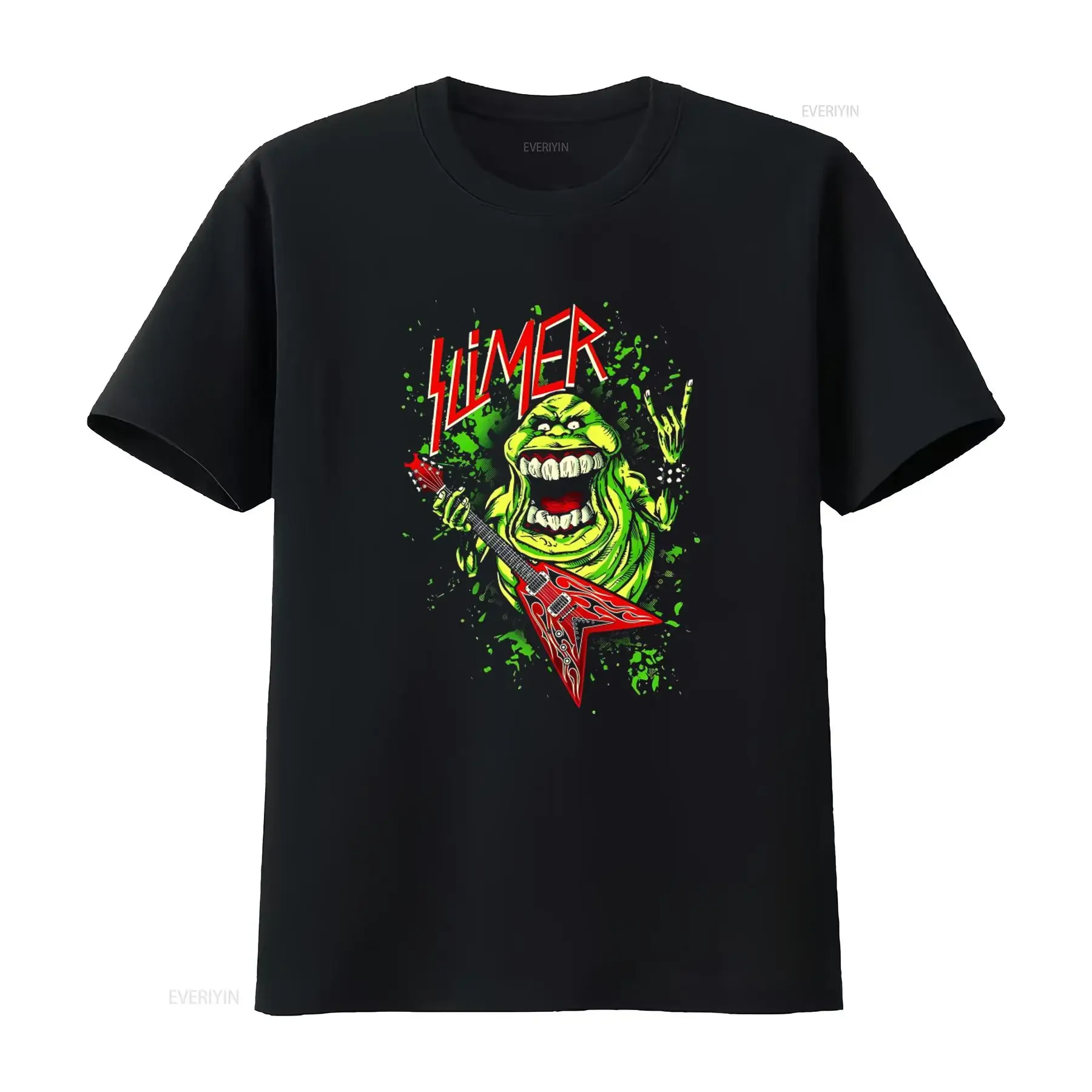 Camiseta clásica de los años 80 de Ghostbusters con diseño de Slimer, Fantasma Verde y Cabeza de Cebolla, con diseño de guitarra rockera, estilo vintage lavado y gráfico versátil.
