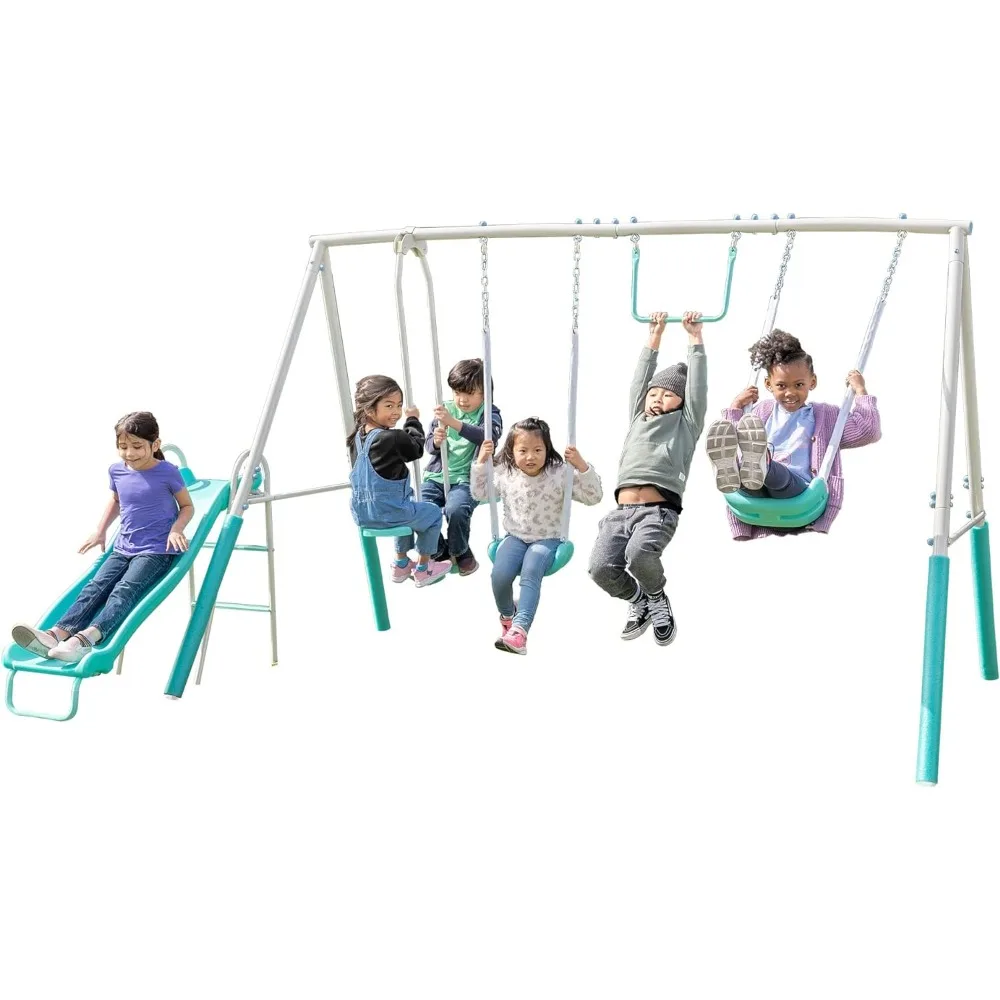 

-4510-TL Arcadia Metal Swing Set with 5’ Slide, Trapeze, & 2-Person Glider Swin