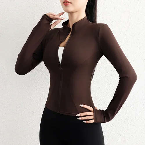 Imagen 2 del producto Chaqueta de yoga de lana deportiva de manga larga con cremallera completa de lana de invierno para mujer con agujero para el pulgar
