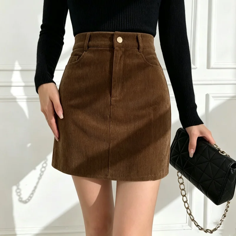Women Summer Elegant Simple Commuter Corduroy Skirt Fashion Street High Waist A-Line Pencil Skirt Slim Fit Short Skirts