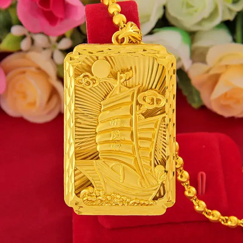 

100% Real Copper 24K Gold Plated Pendant Men's Retro Horse To Success Smooth Sailing Tag Rectangular A Long Time Does Not Fade