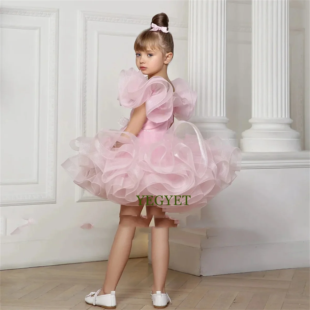 

Lovely Pink Flower Girl Dress Custom Color Ruffles Tulle Puffy Short Pageant Party Dresses Kids Birthday First Communion Gown