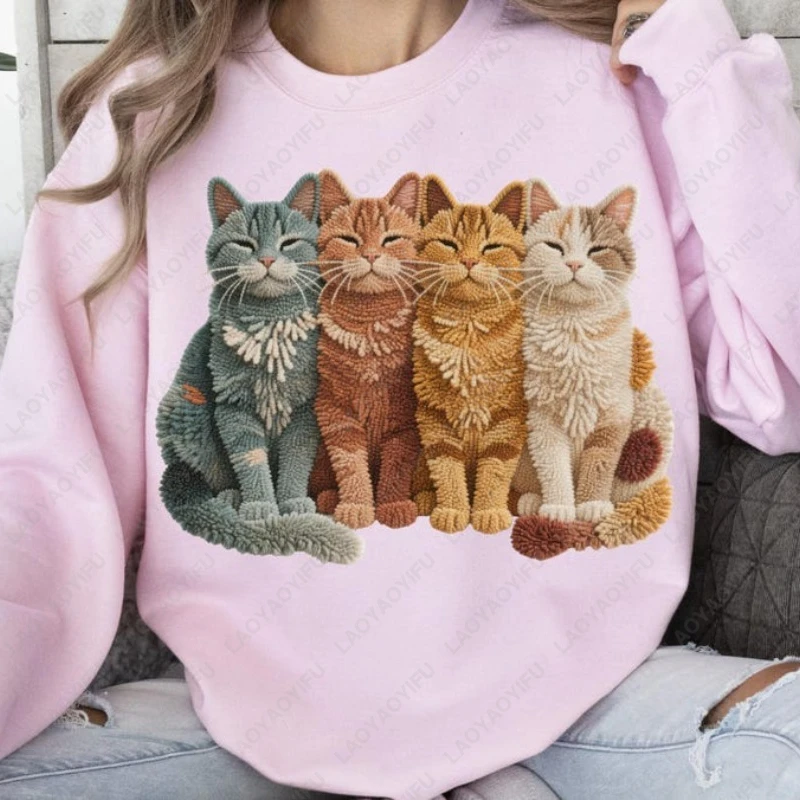 Gancio di chiusura Gatti Filato finto Stampa gatto Pullover Cat Mamma Girocollo Felpa con cappuccio Felpa in tessuto non lavorato Moda divertente Manica lunga