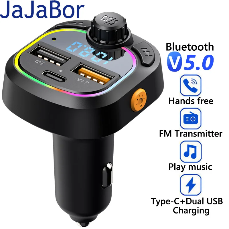 

JaJaBor FM Transmitter Dual USB Type C Fast Charging Charger Atmosphere Light Car Bluetooth 5.0 Handsfree Stereo Mp3 Player