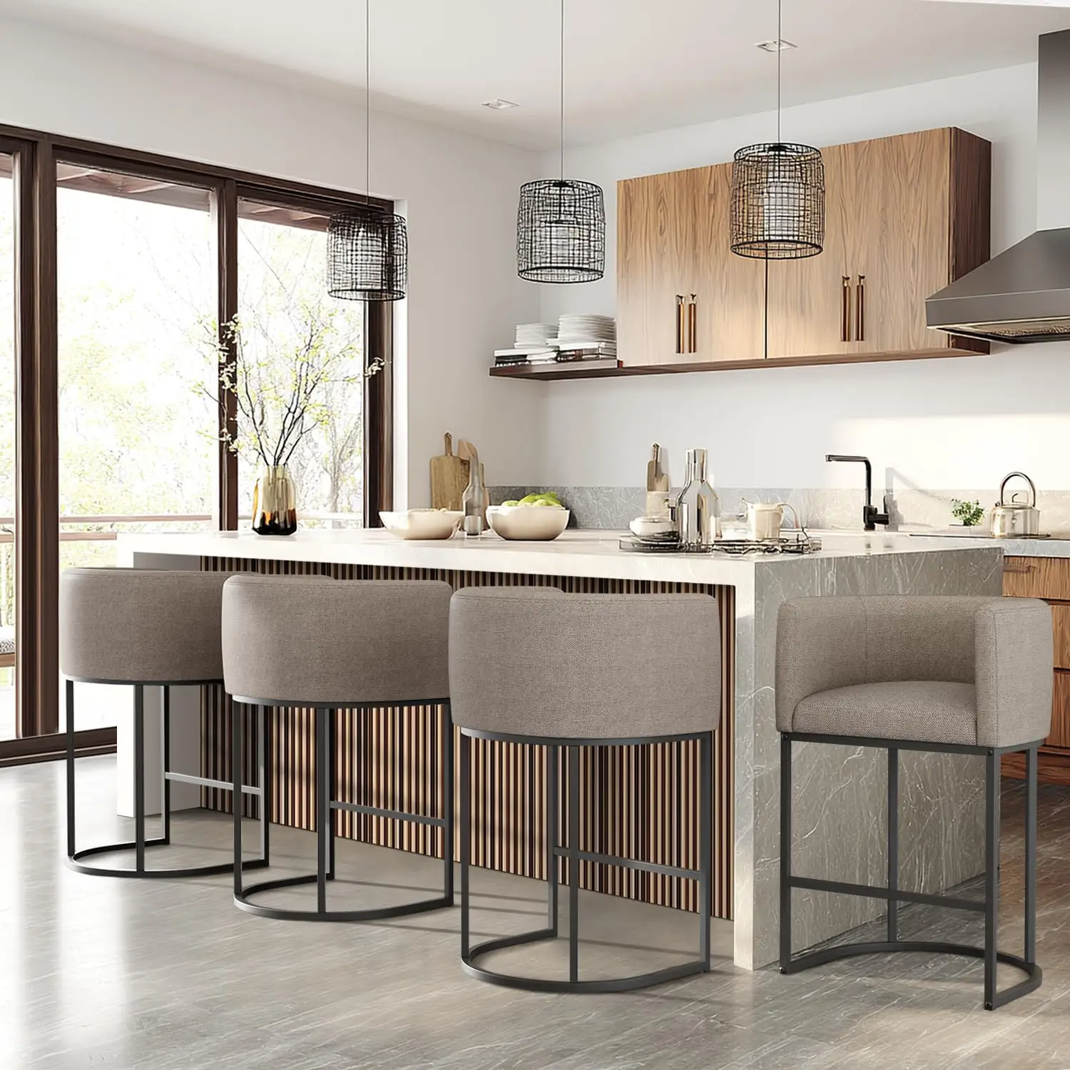 

24in Upholstered Counter Stool Set 4 Metal Legs Dining Kitchen Island Linen, Customized