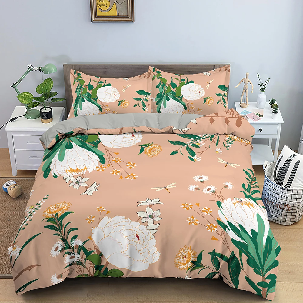 

Floral King Queen Duvet Cover Flowers Pattern Quilt Cover with Pillowcase Green Leaves Polyester Bedding Set for Women 2/3PCS