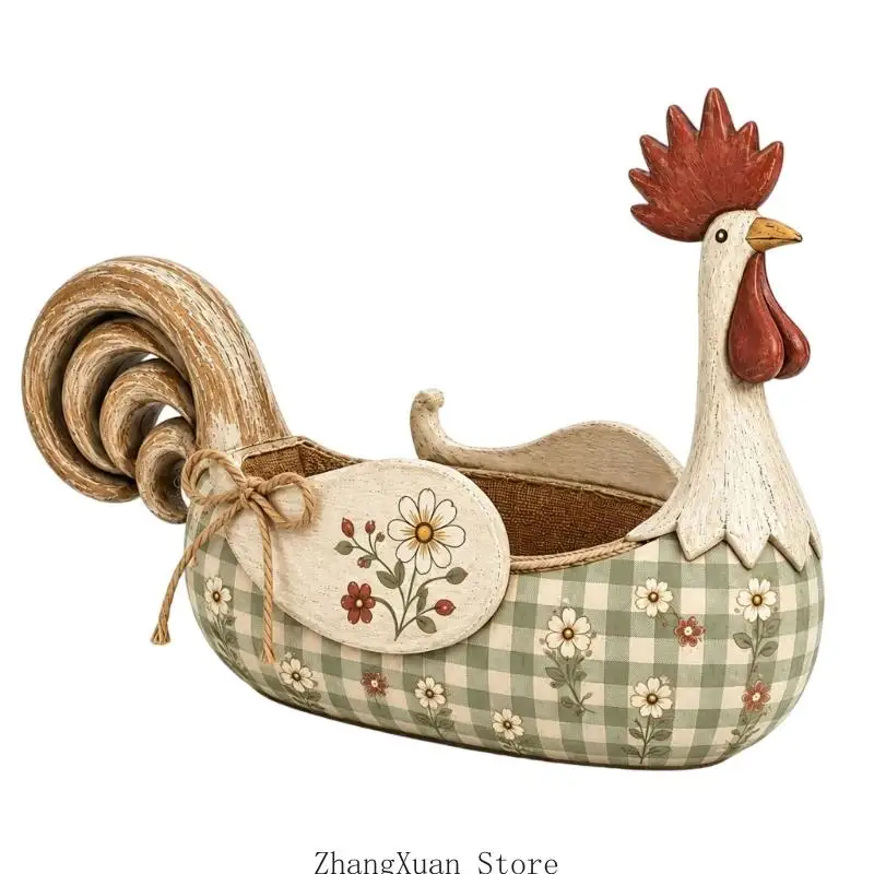 Country Chicken Besteckbehälter aus Holz mit deckellosem Zugang und Gingham-Blumendetail für die Tischorganisation 3XUF – Detail 5