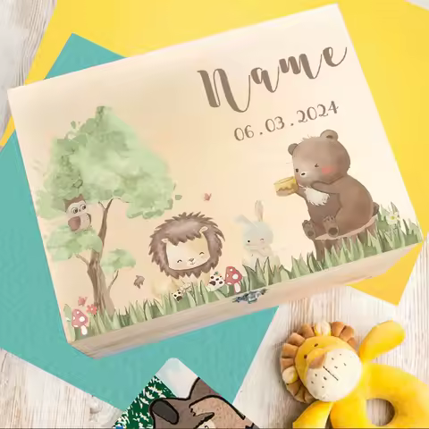 Personalised Baby Keepsake Memory Box Cute Animal Pattern Wooden Box Newborn Baby Gift Idea for A Baptism or Birth
