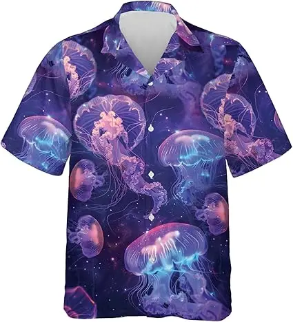 

Casual Breathable Men's Shirts | Patterned Hawaiian Roll-Neck Jellyfish Prints Outdoor Street Short Sleeve Button Clothing