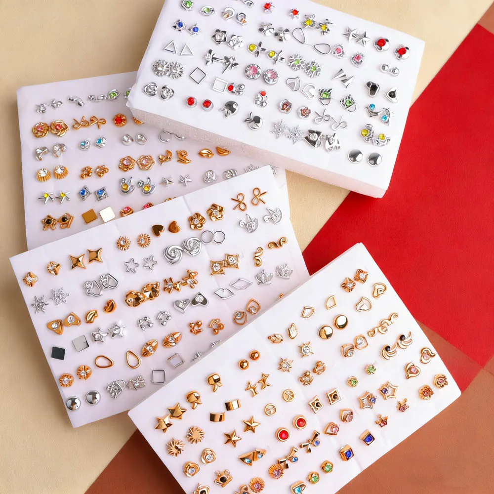 36Pairs/Lot Fashion Charm Multicolor Rhinestone Geometric Small Flower Earrings For Women Daily Party Gifts Accessories Jewelry