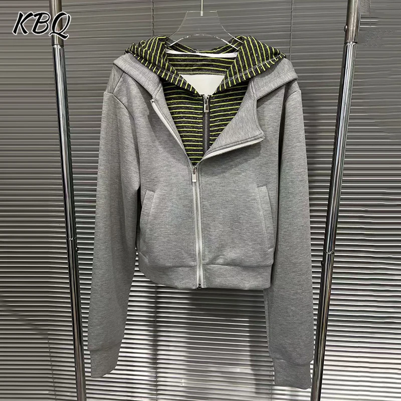 

KBQ Solid Spliced Zipper Loose Casual Coats for Women Hooded Long Sleeve Patchwork Pockets Chic Coat Female Autumn Style Fashion
