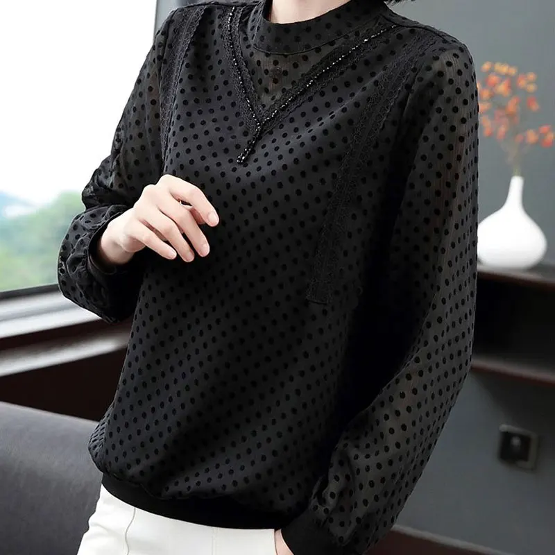 Commute Polka Dot Printed Blouse Fashion Beading Tassel Women\'s Clothing Lace Spliced Spring Autumn Casual Stand Collar Shirt