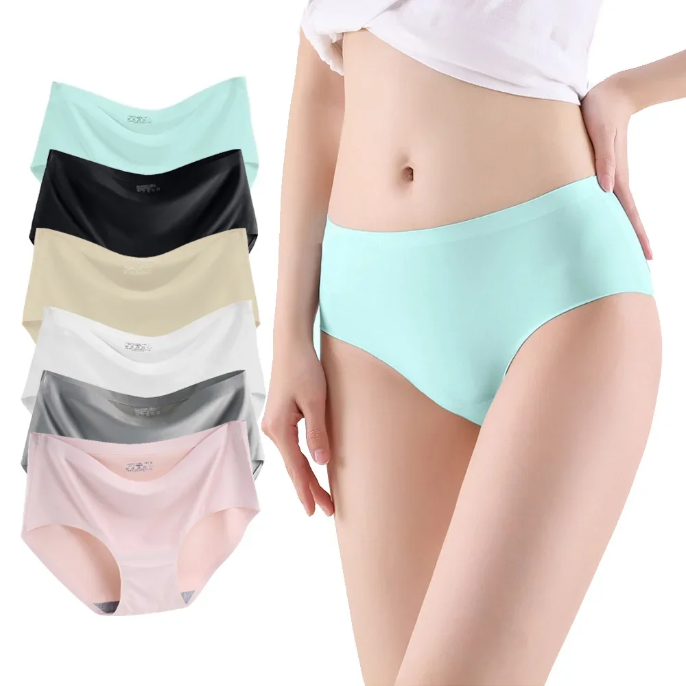 

6pcs/pack Solid Color Ice Silk Panties Women Sexy Seamless Underwear Ice Silk Briefs Panties Female Intimate Lingerie Underpants