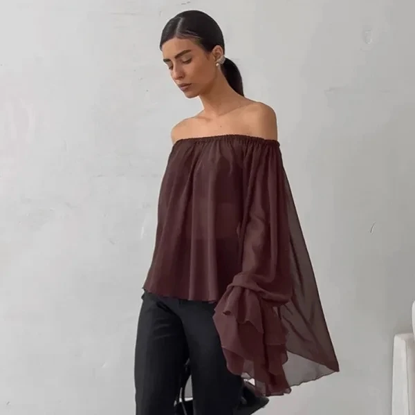 2026 Spring Summer New Sexy Dark Brown One Shoulder Ruffle Trim Thin Long Sleeve Chiffon Blouse Women Top