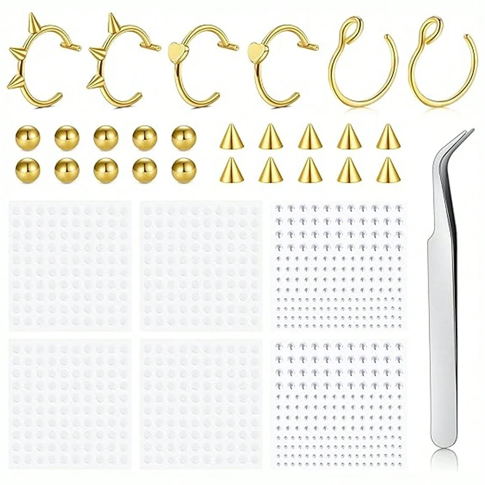 33pcs Nose Piercing Set And Fake Lip Ring - Ball Spike, Hoop, Stud, Stick-On Bridge And Eyebrow Ring Halloween Gift
