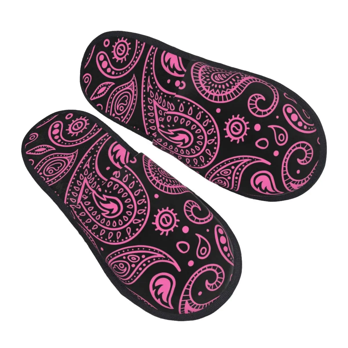

Paisley Pattern Pink On Black Style Cozy Scuff Memory Foam Slippers Women Geometric Floral Texture Hotel House Shoes