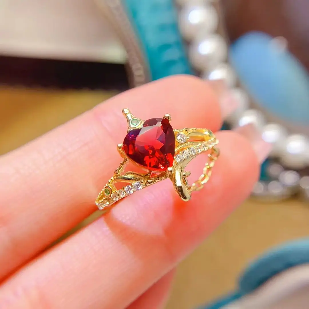 

Дизайнерское кольцо из серебра 925 пробы, кольцо с натуральным гранатом, 7 мм, гранат в форме сердца, серебряные украшения с позолотой 18 карат