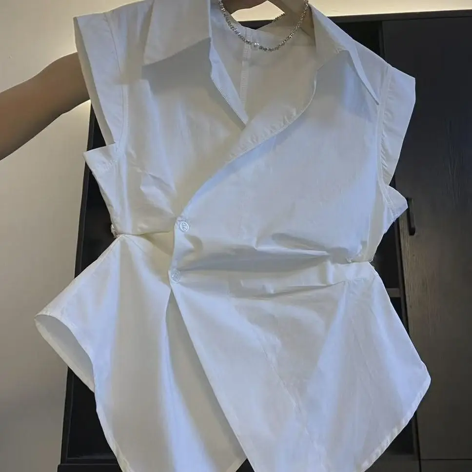 Blusas Blancas sin Mangas con Pliegues para Mujer, Ropa de Mujer 2026, Blusas Mujer de Moda, Blusas de Verano Irregulares y Elegantes