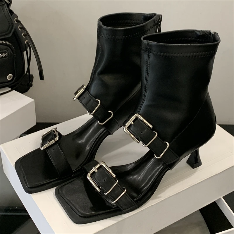 Aneikeh Design Style Fashion Square Toe Women Ankle Boots Sandals  Narrow Band Buckle Strap Zipper Thin Heels Shoes - view 3