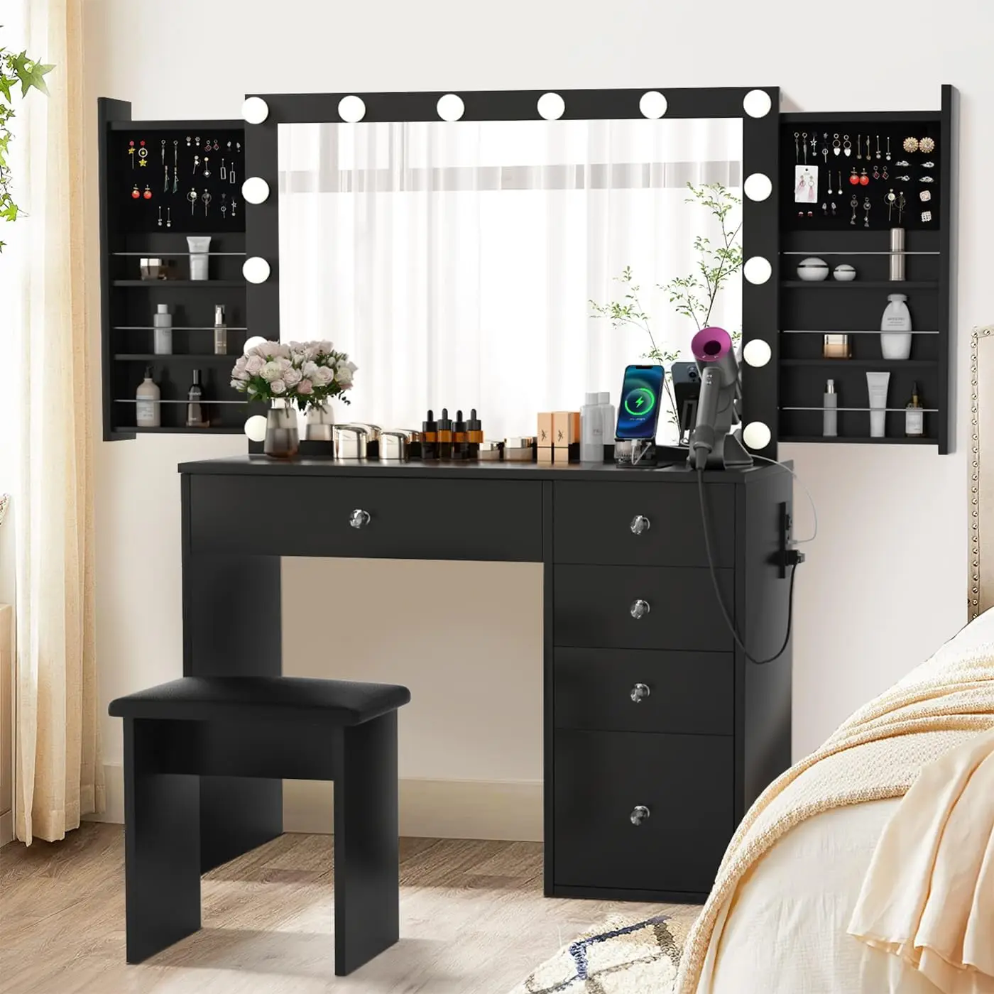 

SMOOL Makeup Vanity Desk with Lighted Mirror & Power Outlet & 5 Drawers, Vanity Table with 3 Lighting Modes Brightness Adjustabl