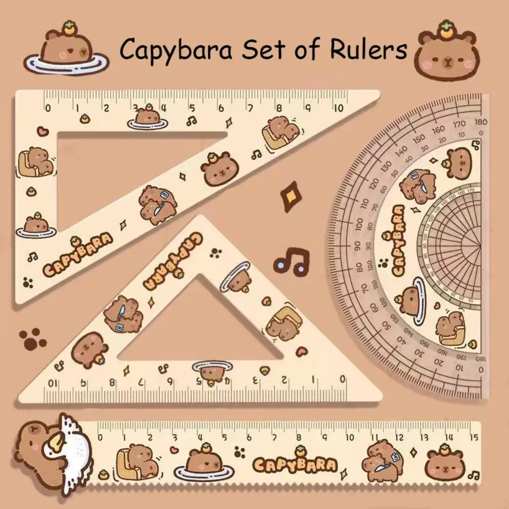 Ensemble de règles en acrylique Capybara créatif, fournitures de bureau, dessin animé mignon, ensemble de règles souples, outils de dessin, ensemble carré, 4 pièces, ensemble