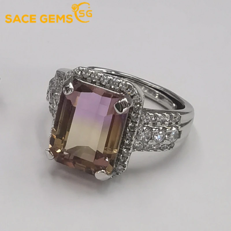 SACE GEMS Resizable 100% 925 Sterling Silver Rings for Women Natual Ametrine Gemstone Ring Wedding Engagement Band Fine Jewelry