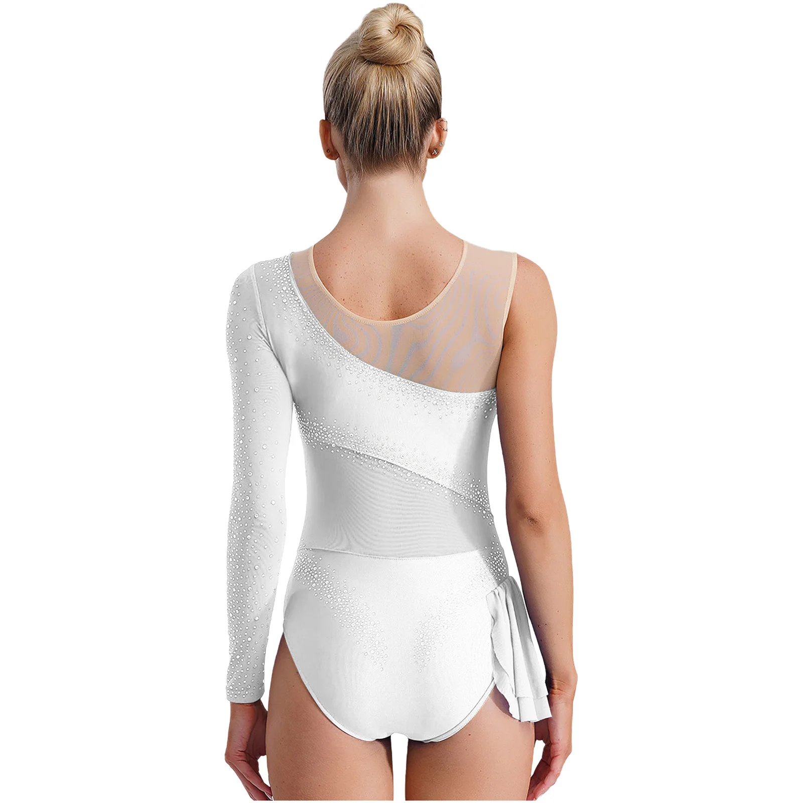 Women Mesh Rhinestones Ballet Dance Leotard One Shoulder Long Sleeve Figure Skating Gymnastics Bodysuit Jumpsuit Skirted Unitard