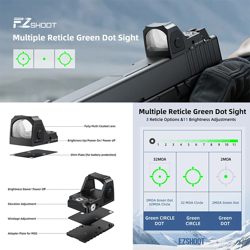 

EZshoot Red Dot Sight 2MOA Dot & 32MOA Circle Motion Awake Full-Sized Reflex Optics with Adapter Plate for MOS & Picatinny Rail