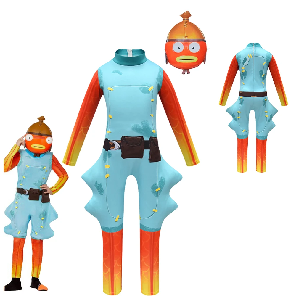 Kids Halloween Fish Stick Cosplay Costume for Teen Boy Girl Jumpsuit Boss Christmas Party Mask+Playsuit Child Bodysuit Boutique