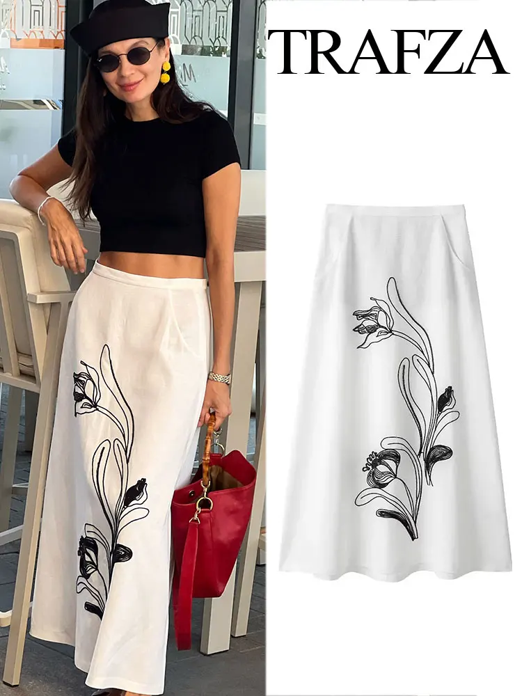 

TRAFZA 2024 Summer Women's Slim Pleated Skirt White Printed High Waist Pocket Embroidered Zipper Women's Street Long Skirt Traf