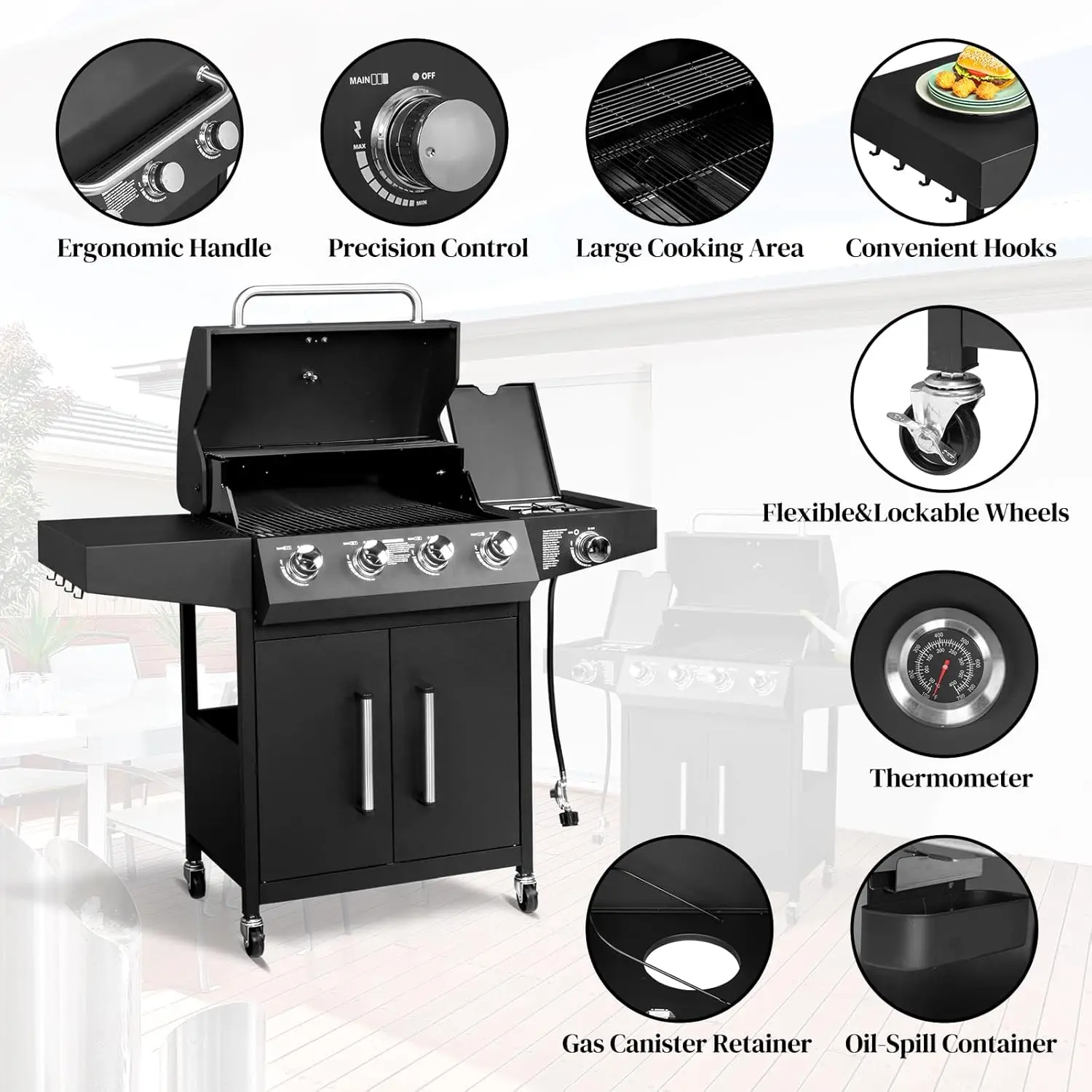 4-Burner Propane Gas BBQ Grill with Side Burner & Enameled Cast Iron Grates, 58,000 BTU Barbecue Grill with Wheels for Outdoor