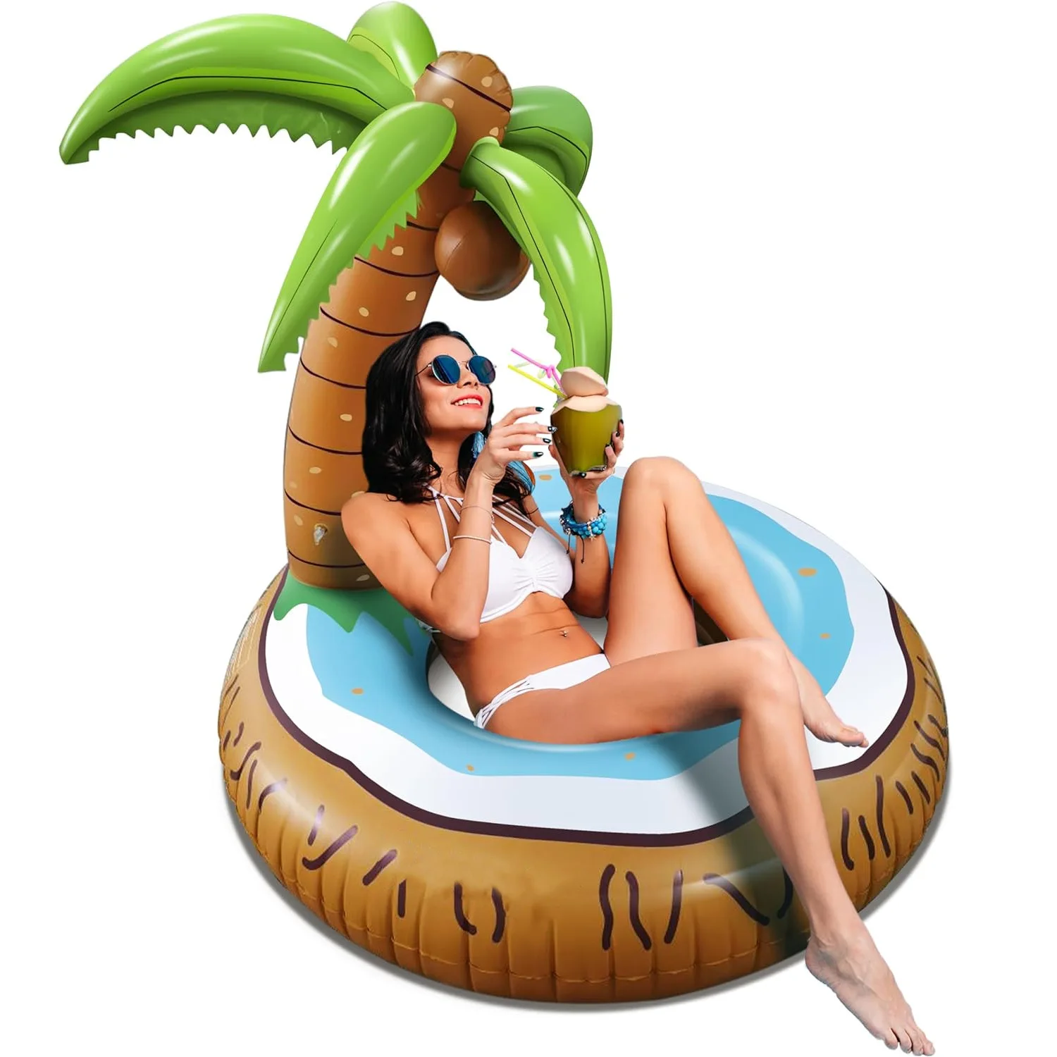 Unique Inflatable Pool Floats for Adult Funny Coconut Pool Floaties Tiki Palm Tree Swimming Ring Hawaiian Luau Pool Party Decor