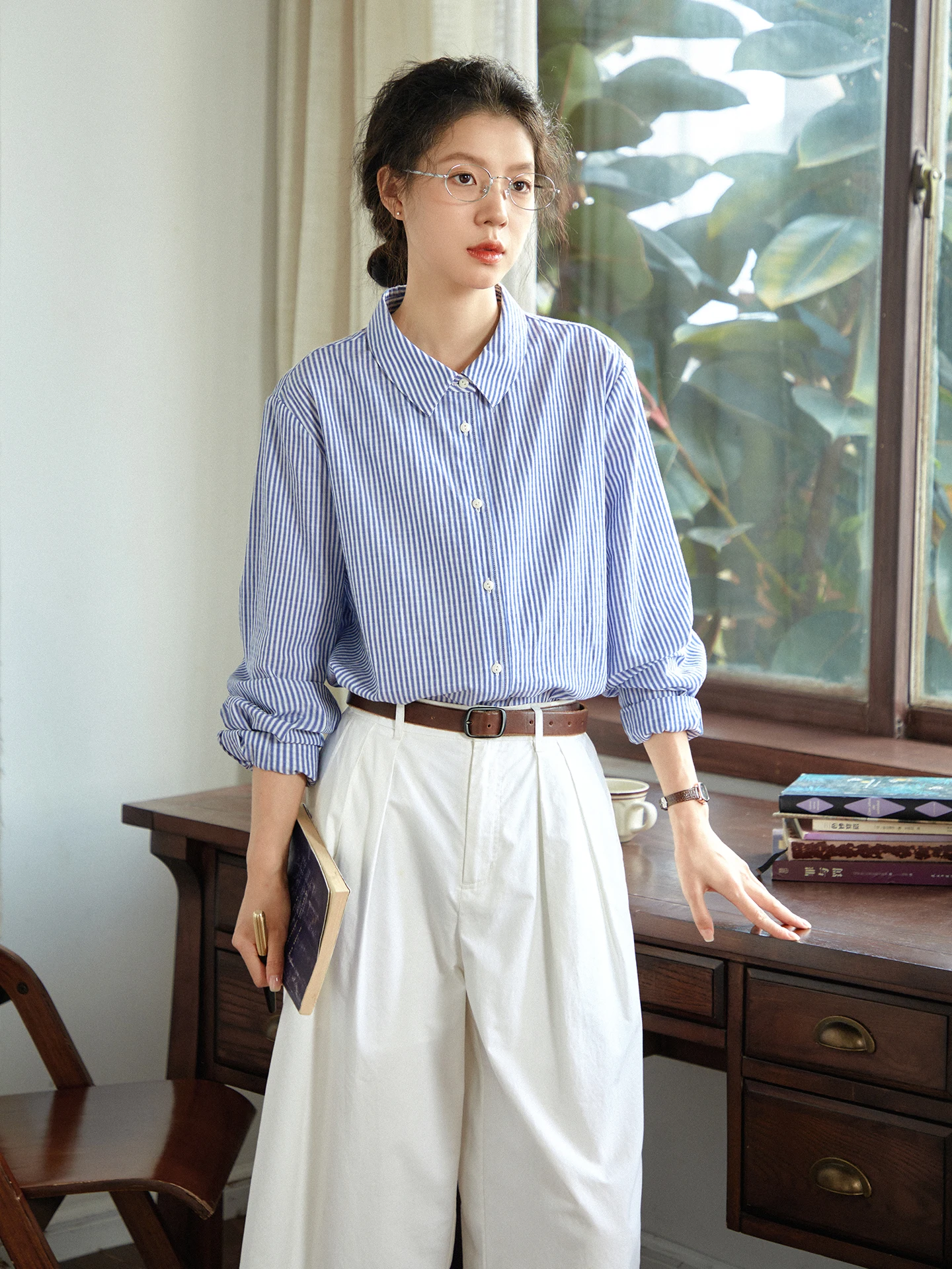 

Original Pure Cotton Blue White Stripes Women's Shirt Spring Versatile Long Sleeve Commute Casual Collar Comfortable Breathab...