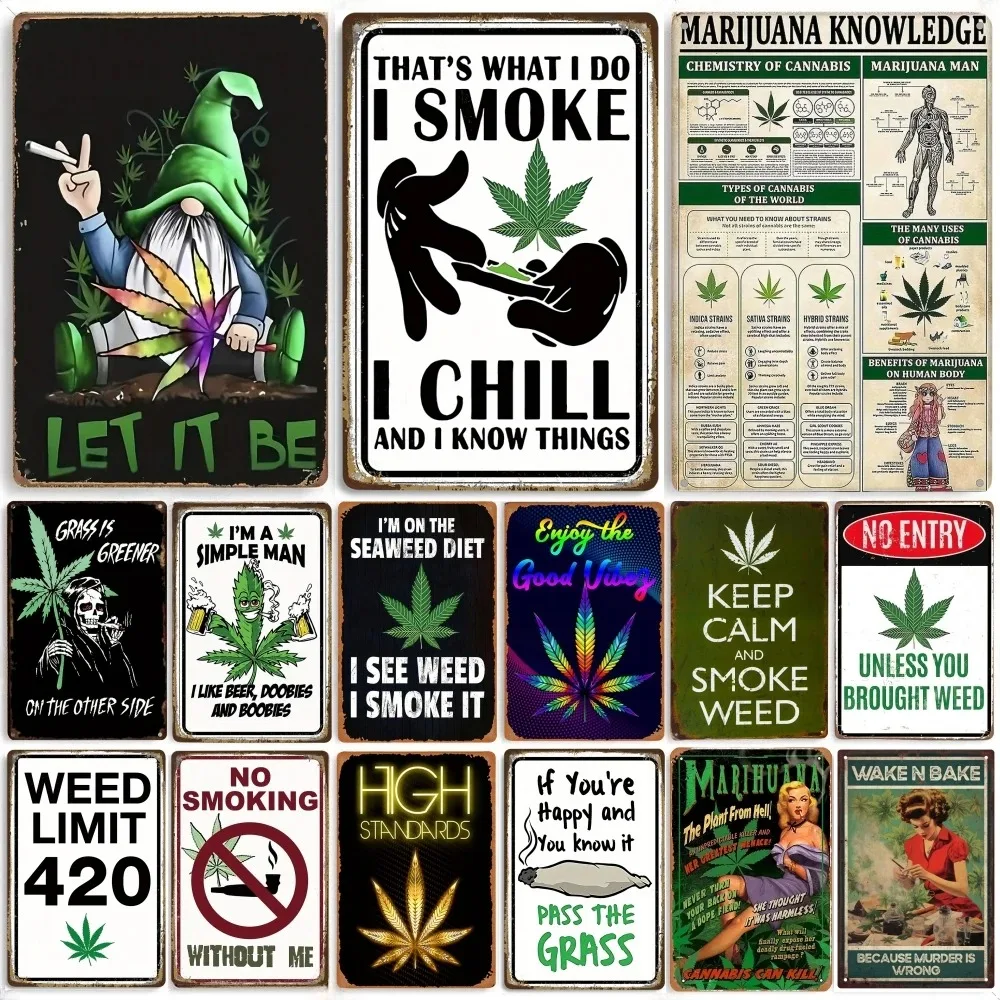 Vintage Cannabis Metal Tin Signs, Funny Weed Marijuana Smoking Humor Wall Art, Botanical Decorative Plates for Home Garden Bar R